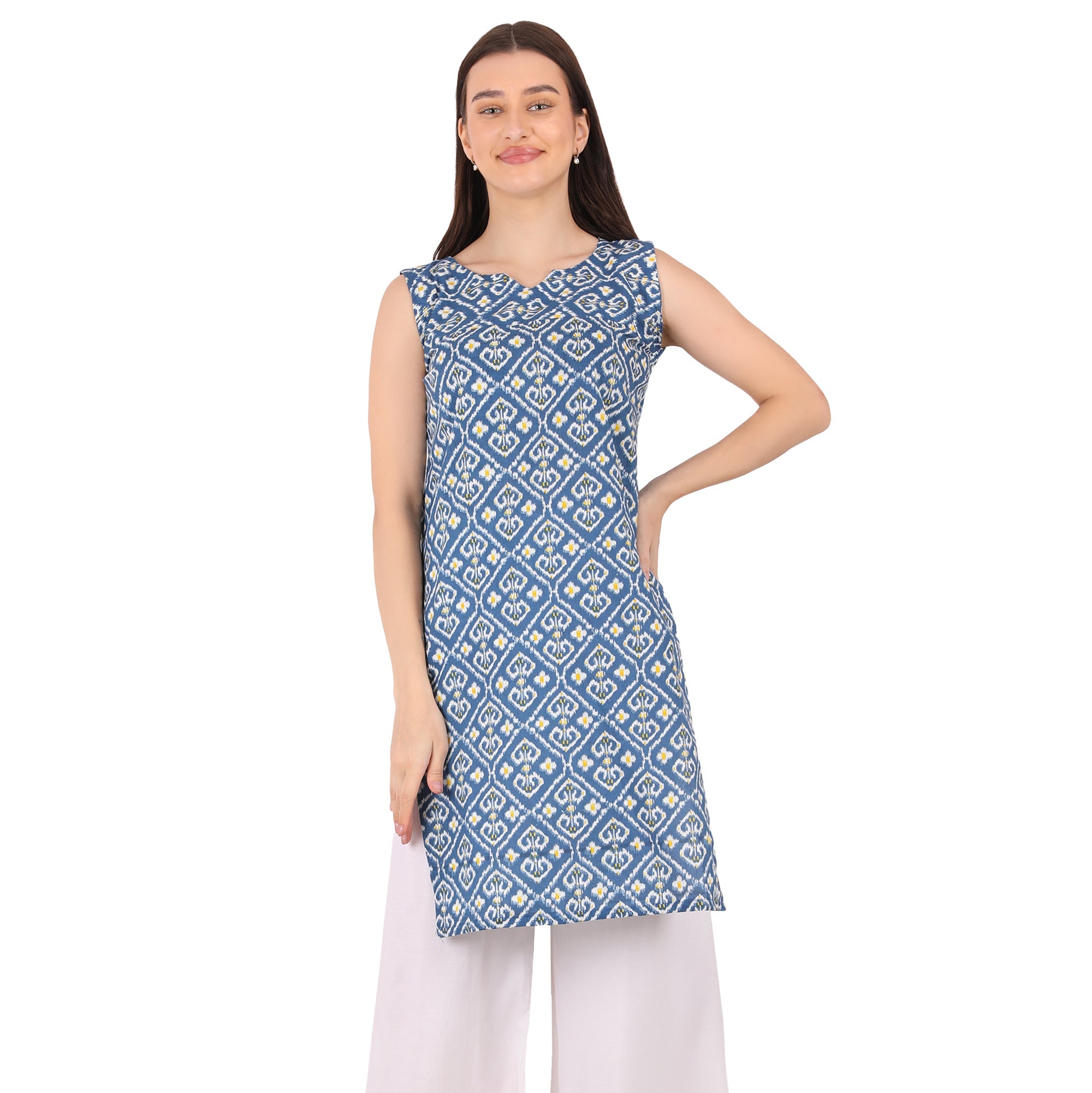 BLUE IKKAT PRINT SLEEVELESS KURTI