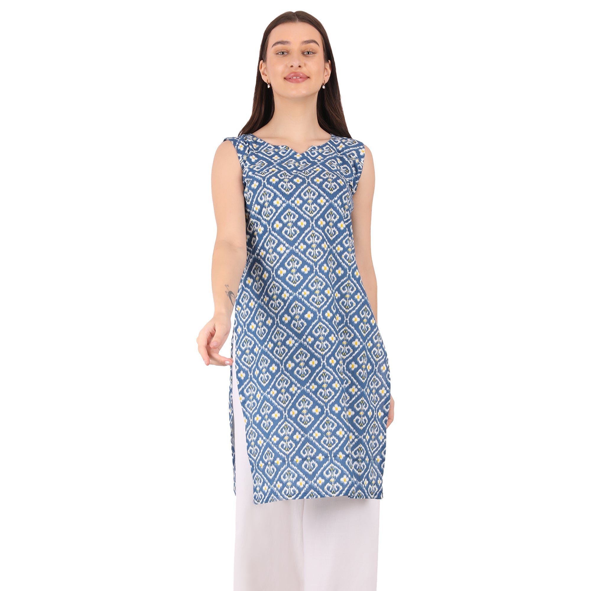 BLUE IKKAT PRINT SLEEVELESS KURTI