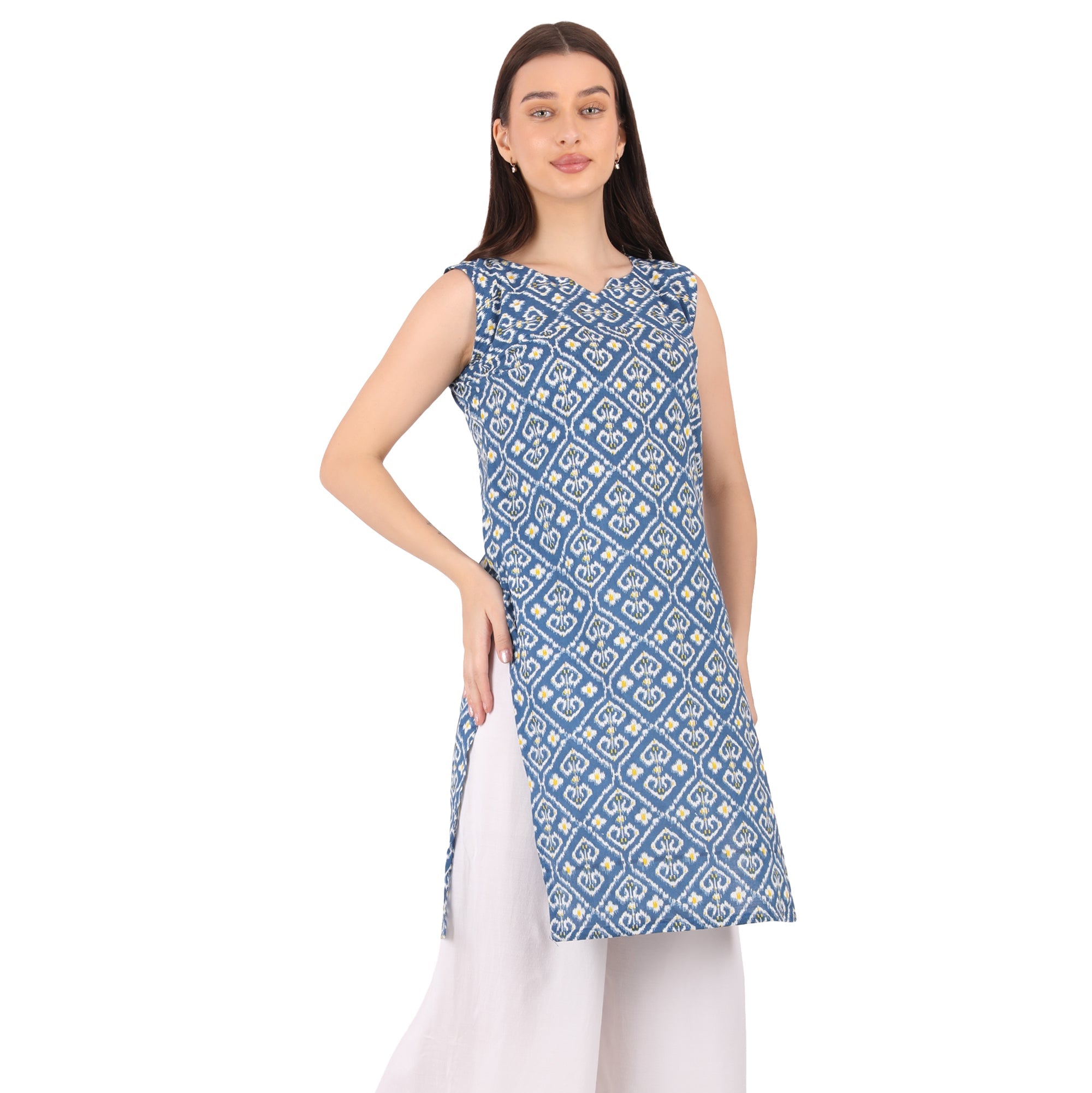 BLUE IKKAT PRINT SLEEVELESS KURTI