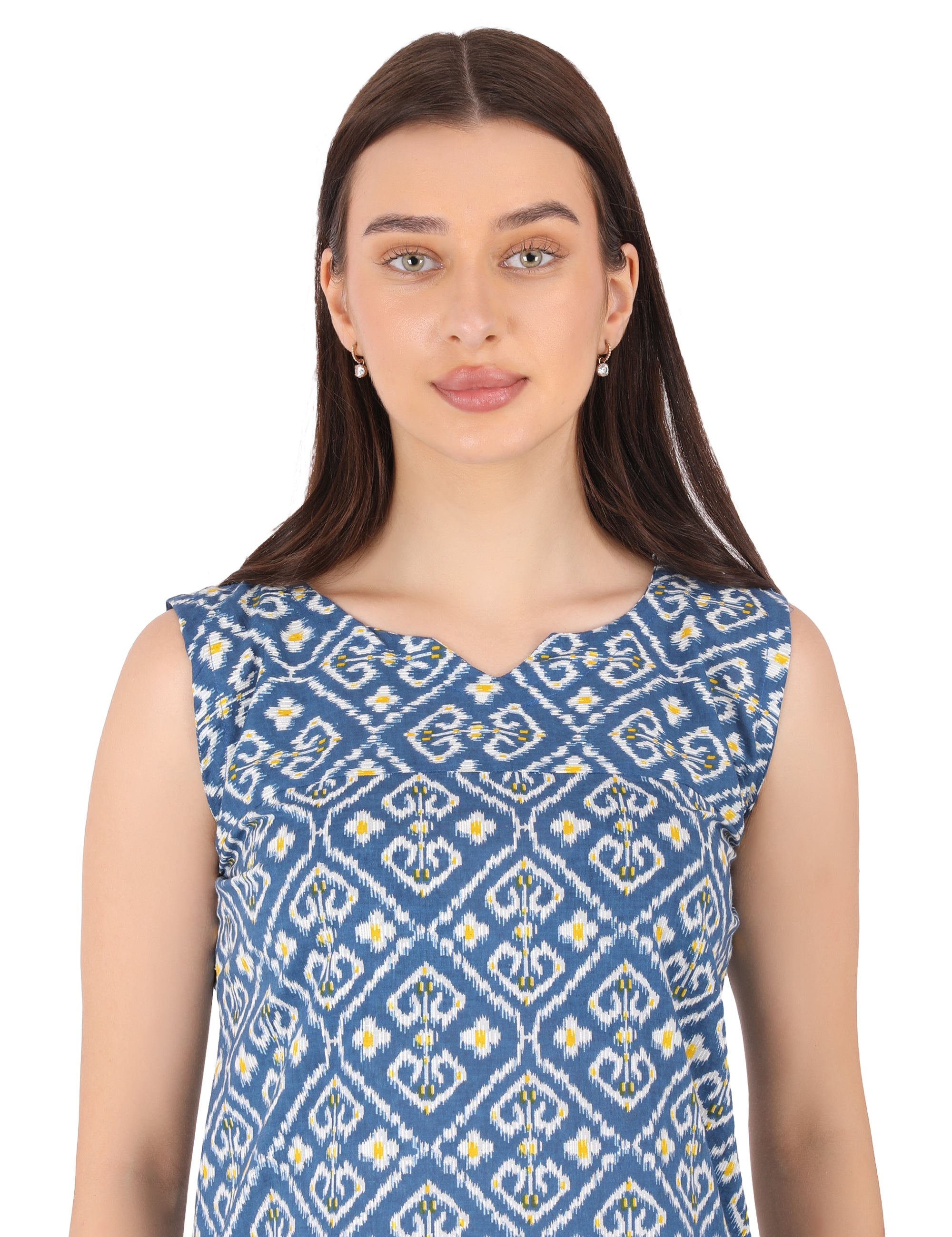 BLUE IKKAT PRINT SLEEVELESS KURTI
