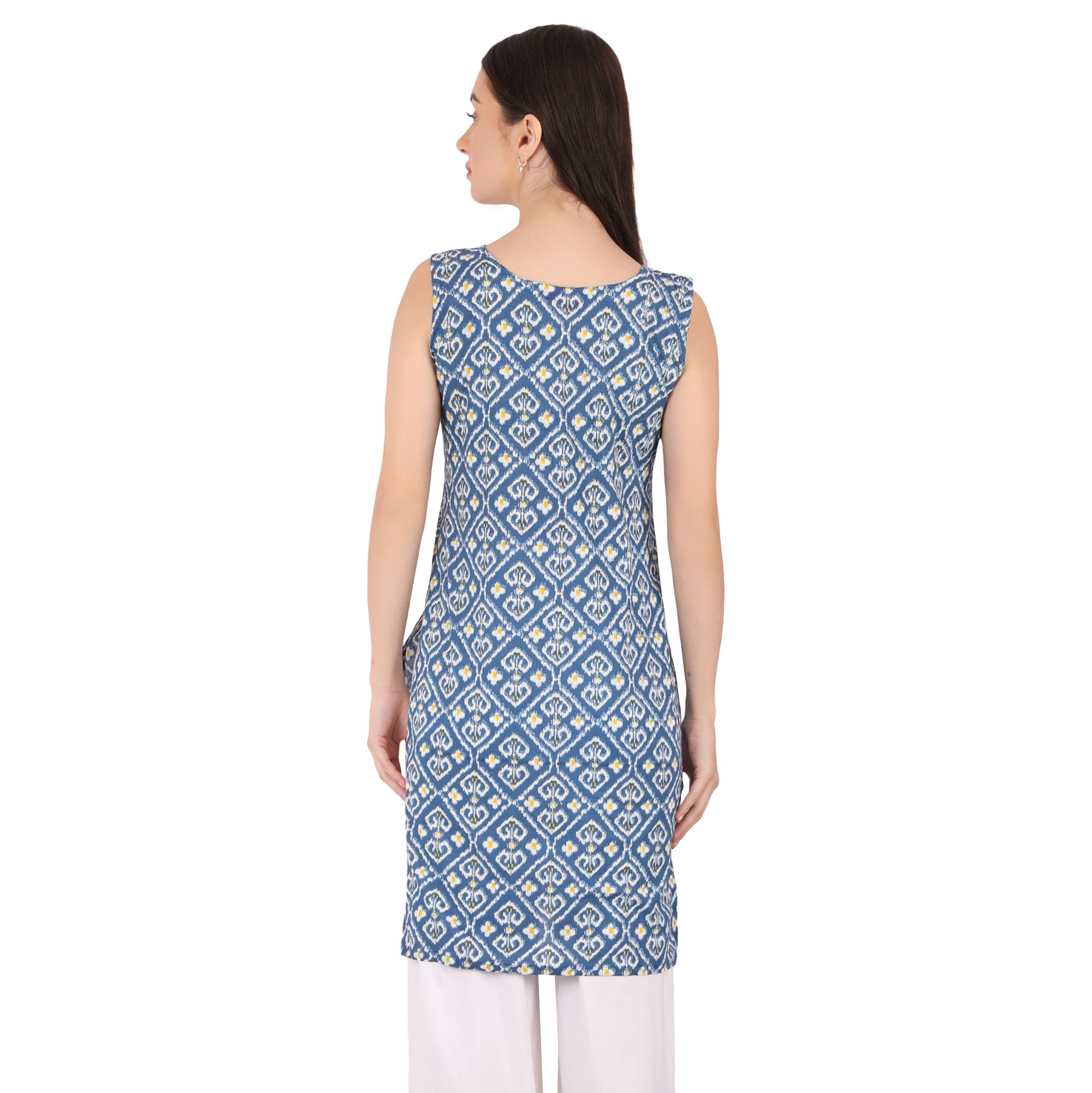 BLUE IKKAT PRINT SLEEVELESS KURTI