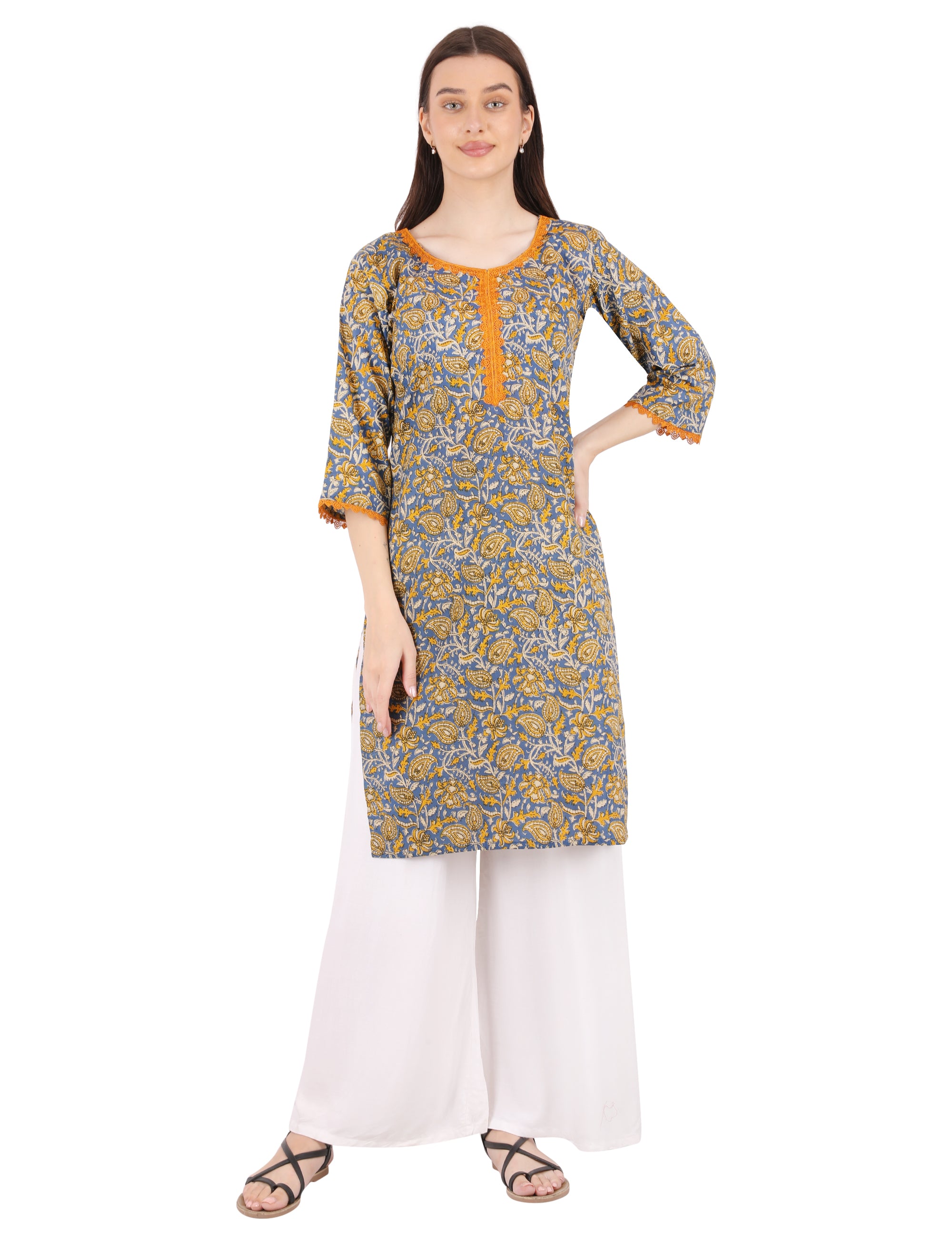 blue and orange full floral kurti with lace