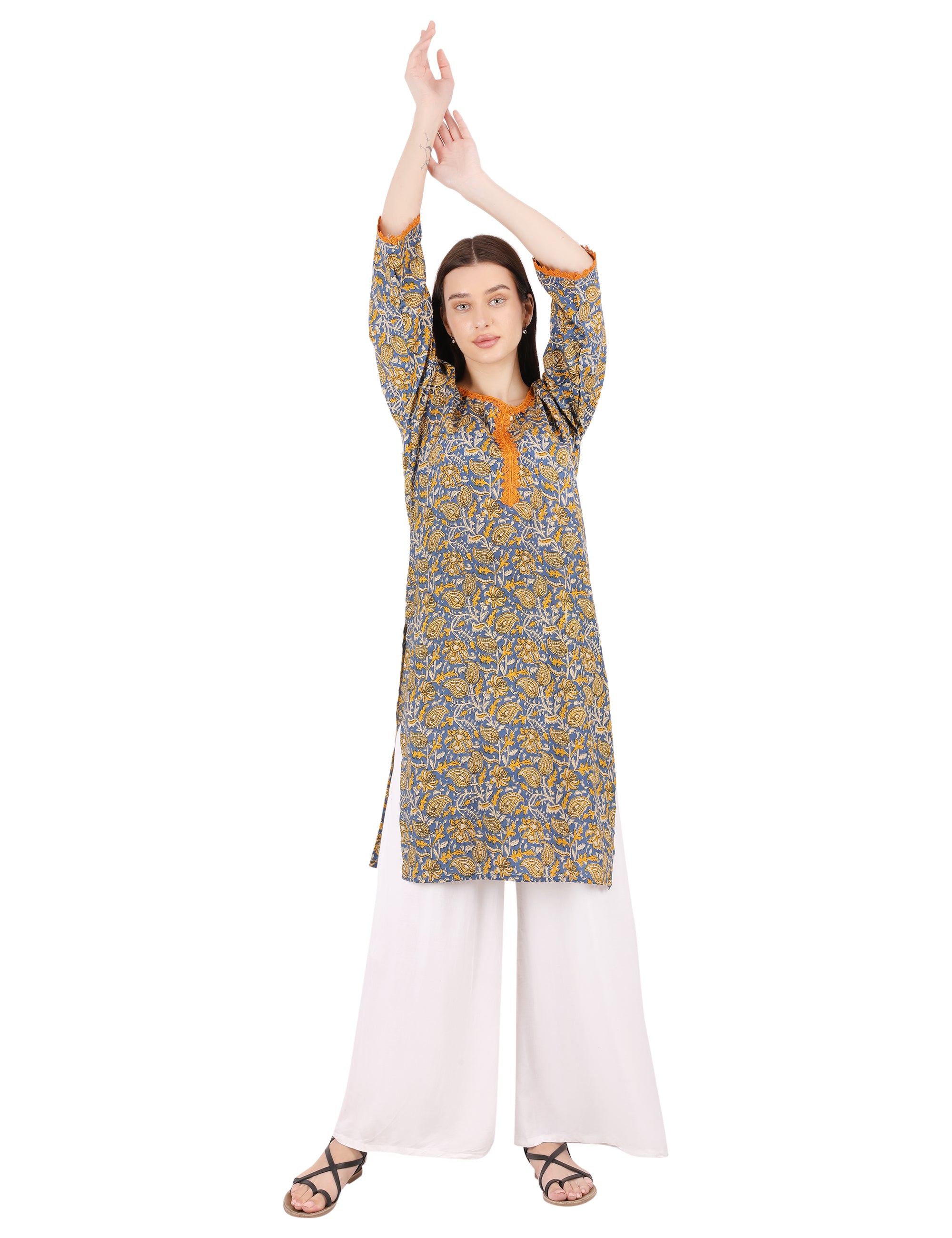 blue and orange full floral kurti with lace