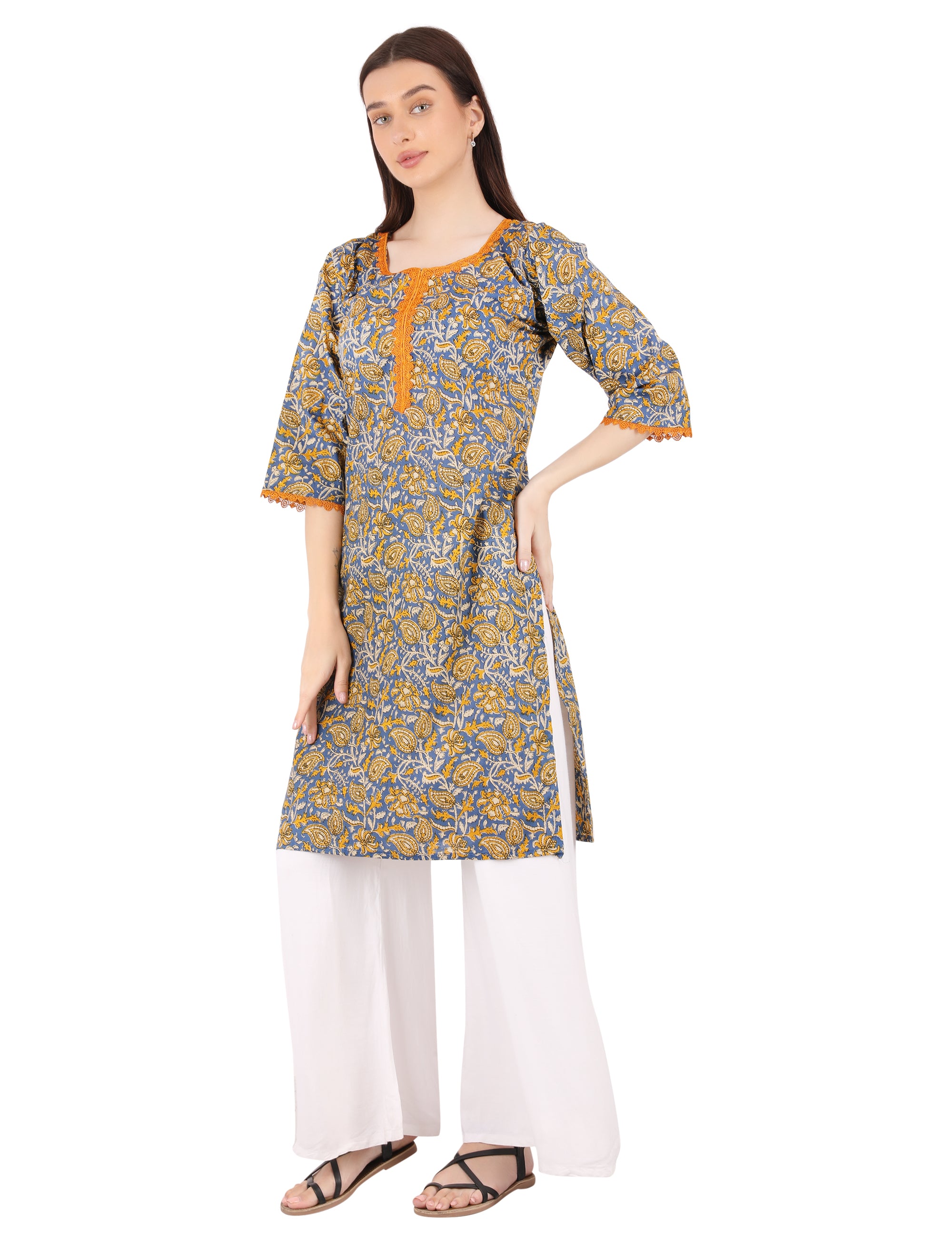 blue and orange full floral kurti with lace
