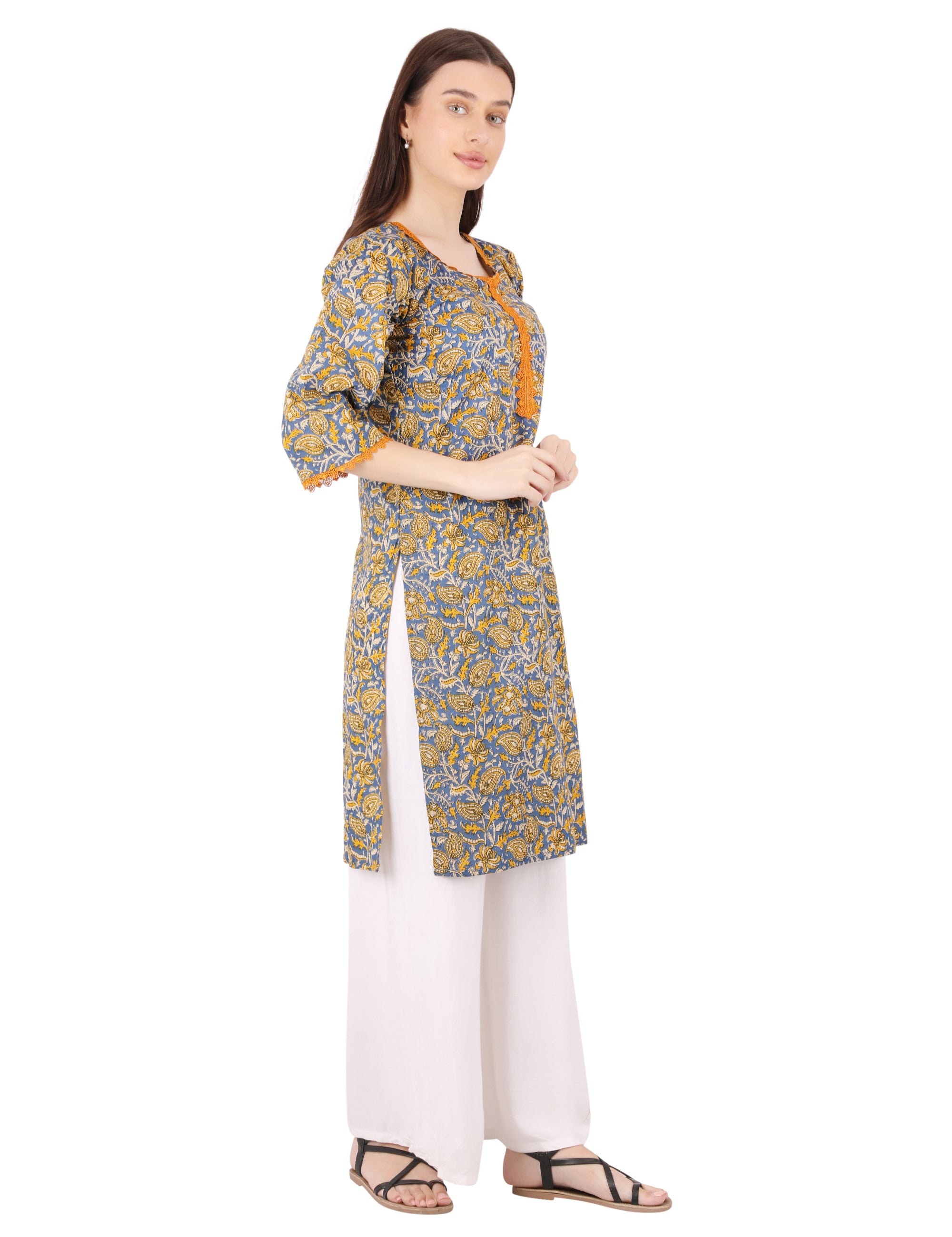 blue and orange full floral kurti with lace