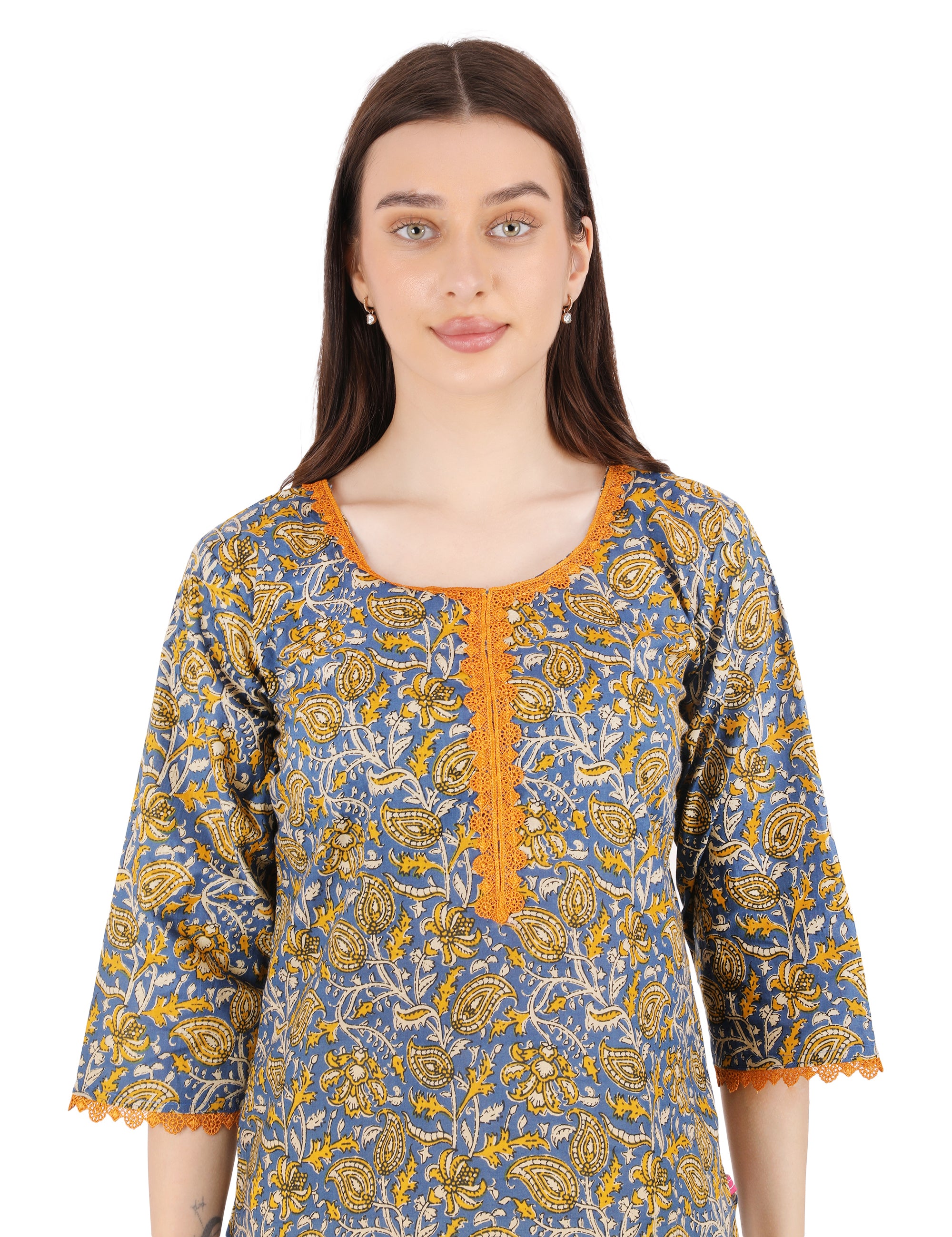 blue and orange full floral kurti with lace